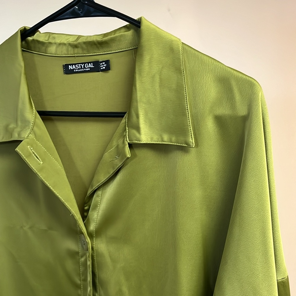 Nasty Gal Green Satin Longline Button-Up Shirt - image 2